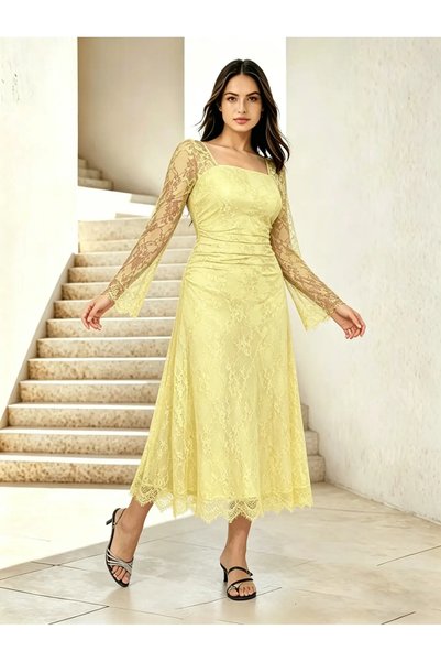 Take Two By Styli Yellow Floral Lace Square Neck Maxi Dress
