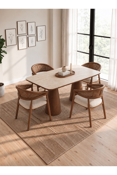Fagus Wood Petra Konik Ayaklı Traverten Porselen Masa Takımı Masif Ahşap – Ha...