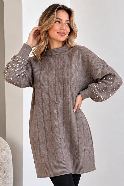 benguen Knitwear Sweater with Pearl Detail on Sleeves K6042 Mink