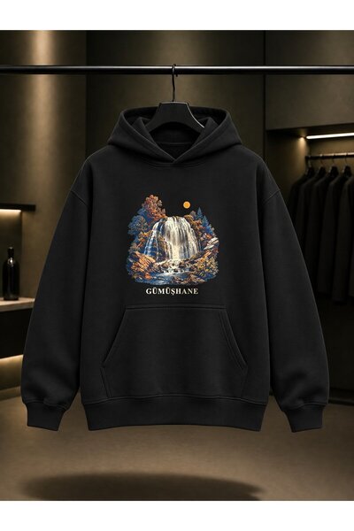 fame-stoned Gümüşhane Tomara Waterfall Printed Unisex 100% Cotton Hooded Swea...