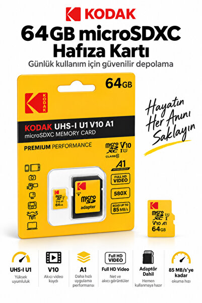 Kodak 64GB microSDXC Hafıza Kartı UHS-I U1 V10 A1 85 MB/s Full HD SD Adaptörlü