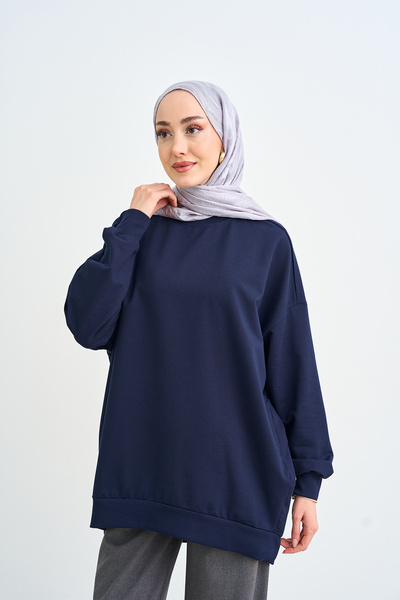 LOCCO Kadın Bisiklet Yaka Oversize Sweatshirt Lacivert