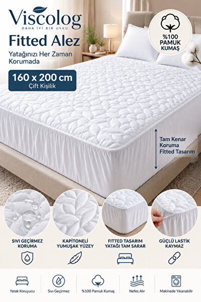 Fitted Alez 160x200 Çift Kişilik Sıvı Geçirmez %100 Pamuk Kumaş Kapitoneli Yatak Koruyucu