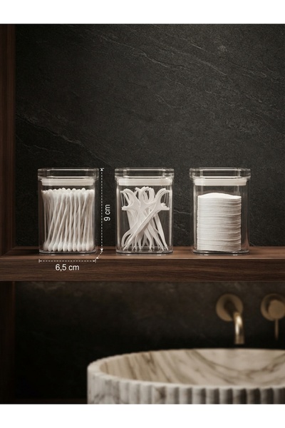 İndecor Houseware 3'lü Şeffaf Kapaklı Akrilik Diş Ipi & Kulak Pamuğu & Pamuk & Makyaj Pamuğu Banyo Seti Düzenleyici Banyo Organizeri