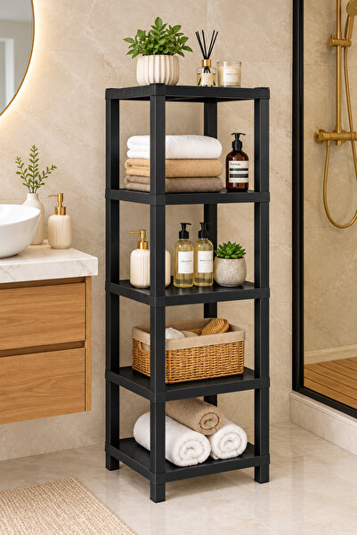 Metsar Home 5 Katlı Small Siyah Banyo Rafı Ahşap Desenli Çok Amaçlı Organizer...