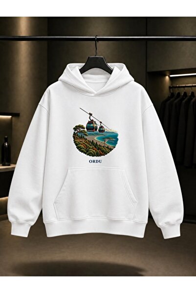 fame-stoned Ordu Boztepe Teleferik Printed Unisex 100% Cotton Hooded Sweatshirt
