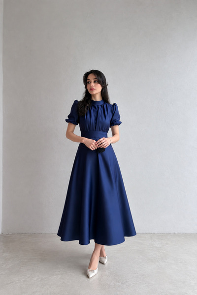 Nika Fashion Βραδινό φόρεμα Nil Navy Blue Flared Φούστα με κοντό μανίκι Midi ...