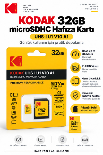 Kodak 32GB microSDHC Hafıza Kartı UHS-I U1 V10 A1 Class 10 85 MB/s Full HD De...