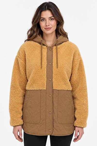 lumberjack Women's Hooded Plush Coat Camel Quilted Detailed Oversized Winter ...