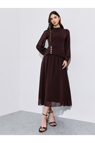 Styli Brown Rhinestone Embellished Chiffon A-Line Maxi Dress