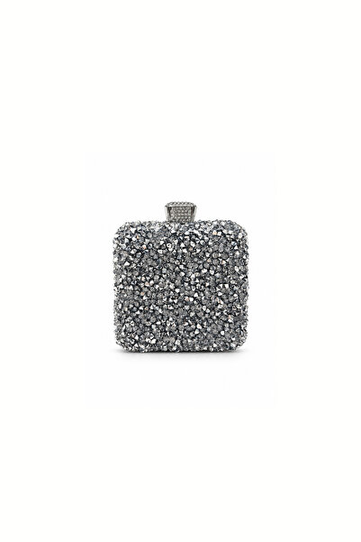 Mozto Noir Silver Kristal Taş İşlemeli Kutu Clutch Çanta