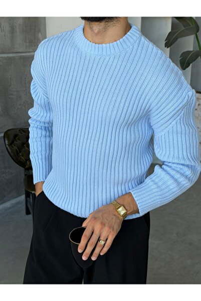 FO4RBS Corduroy Knitted Basic Oversized Knitwear Sweater m - Baby Blue