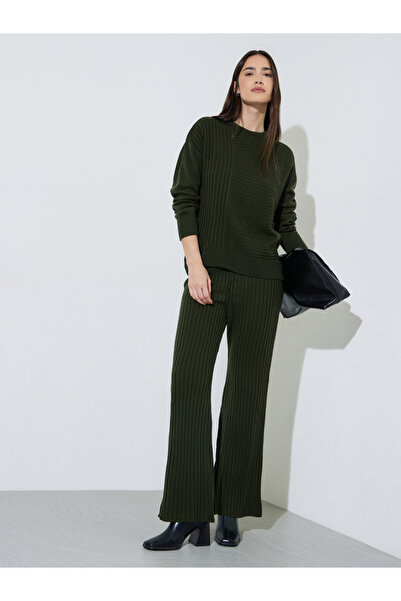 Styli Olive Green Ribbed Knit Sweater and Pants Co-Ord Set
