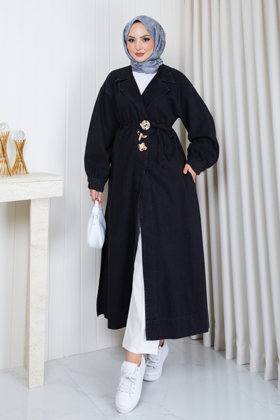 Pamuk Butik Kadın Kruvaze Yaka Cepli Denim Kot Kimono Kap