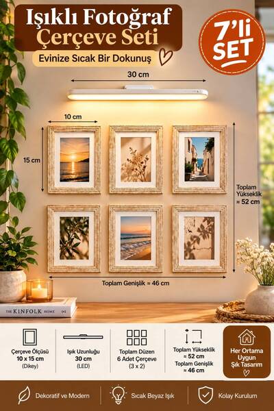 BRE HOME 7'li Işıklı Fotoğraf Çerçeve Seti - 6 Adet 10x15 cm Ahşap Çerçeve + ...