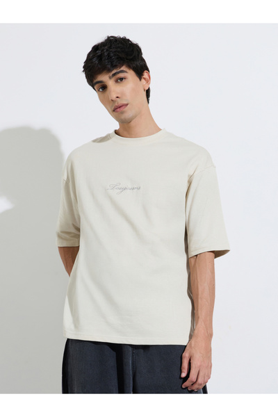 Styli Grey Embroidered Crew Neck Oversized T-Shirt
