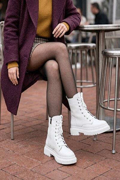 DİVOLYA Γυναικείες καθημερινές μπότες Catty White Leather (Σόλα 5 εκ.) με φερ...