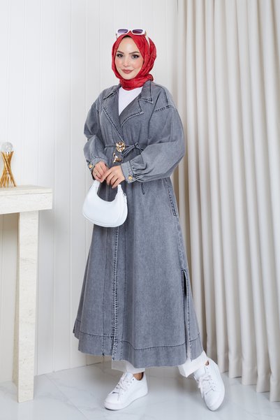 Pamuk Butik كيمونو جينز نسائي بجيوب وياقة مزدوجة الصدر