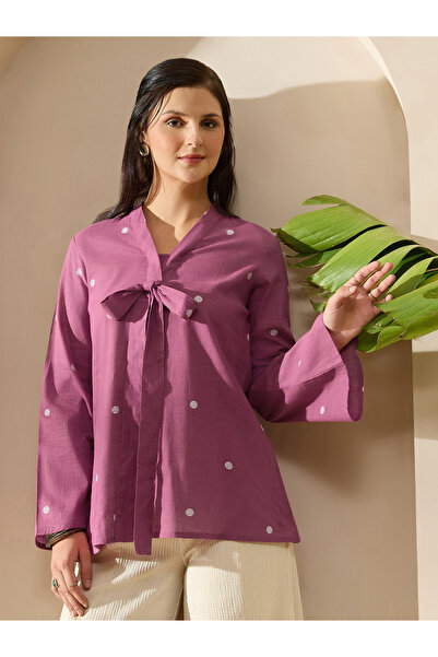Globus By Styli Pink V-Neck A-Line Tunic with Abstract Print and Tie-Up Detail