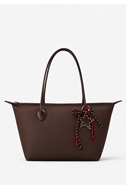 Madamra Brown Women's Decorated Zippered Shopper Shoulder Bag