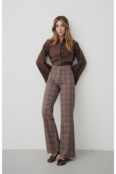 Myra Fashion Kadın Ekose Desenli Bol Paça Pantolon