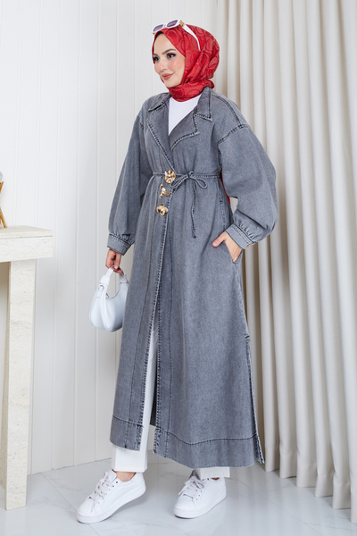 Pamuk Butik Kadın Kruvaze Yaka Cepli Denim Kot Kimono Kap