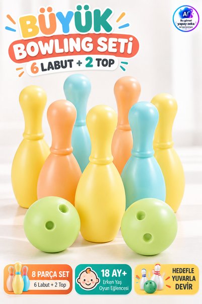 YILDIRIM OYUNCAK 8 Parça Büyük Boy Oyuncak Bowling Seti - 6 Labut 2 Top 18 Ay...