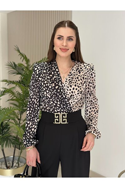 Hazel Butik Kadın Çift Renk Leopar Desenli Kruvaze Yaka Desenli Dökümlü Şifon...