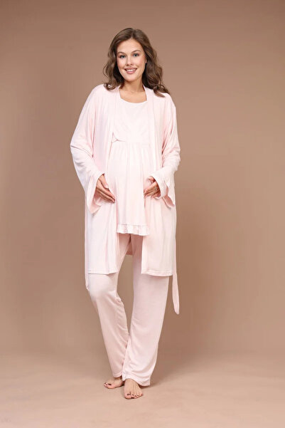 Rimel Homewear Women's Dusty Pink Double-Breasted Breastfeeding Detailed Mate...