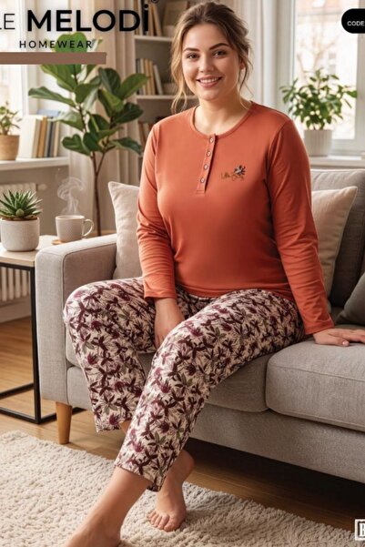 %100 Pamuklu Battal Büyük Beden Uzun Kol Kadın Pijama Takımı