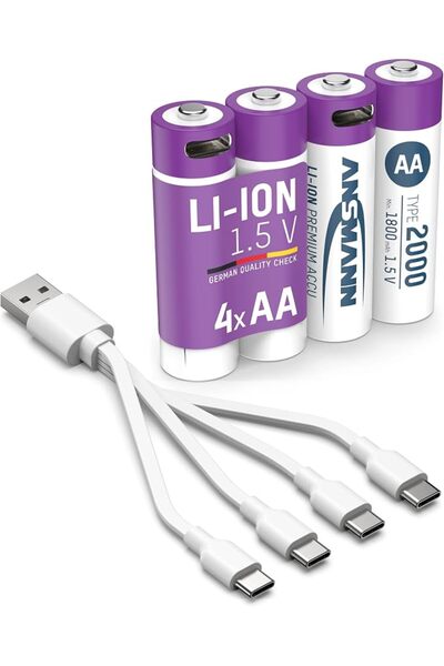 ANSMANN 4 × بطاريات مينيون AA ليثيوم أيون مع وصلة USB من نوع C، قابلة لإعادة ...