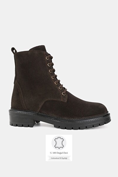 TUNAELLİ Women's Brown Suede Genuine Leather Lace-Up Boots & Booties