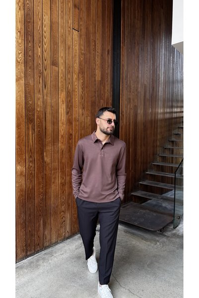 JESSE STORY Men's Modal Fabric Polo Collar Half Placket Buttoned Brown Long Sleeve T-Shirt 70 cm Code: Jsm26Pyut