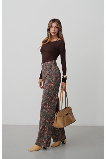 Myra Fashion Kadın Desenli Denim Bol Paça Pantolon