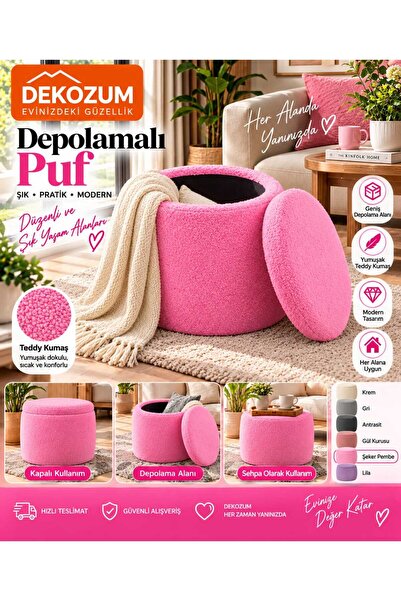 DEKOZUM RENGA Depolamalı Kapaklı Teddy Puf 38x42 cm – Makyaj Pufu, Oturma Puf...