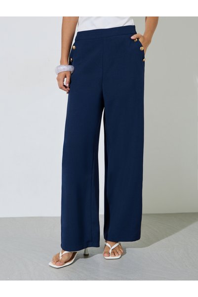 Styli Dark Blue Solid button Details Wide Leg Trousers