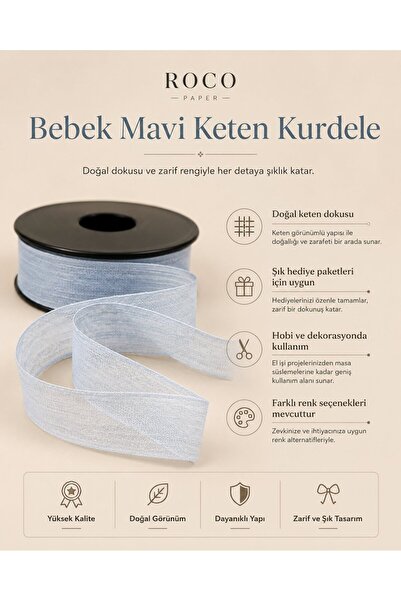 roco paper Baby Blue Linen Ribbon 2.5cm X 20Meters, Gift Wrapping and Hobby R...