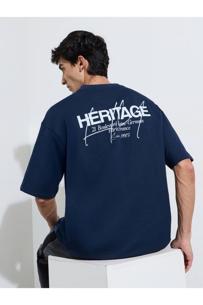 Styli Navy Blue Slogan Print Crew Neck Oversized T-Shirt
