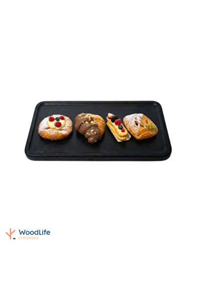 WOODLIFE صينية خشبية مستطيلة مقاس 40 × 20 سم مصنوعة من خشب الزان، لون أسود