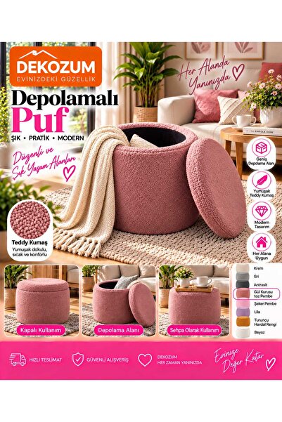 DEKOZUM RENGA Depolamalı Kapaklı Teddy Puf 38x42 cm – Makyaj Pufu, Oturma Puf...