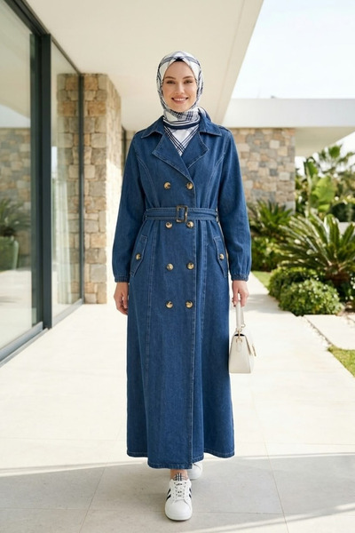 Hb Harma Time Butik معطف نسائي طويل باللون الأزرق الداكن مع حزام وجيوب بأزرار