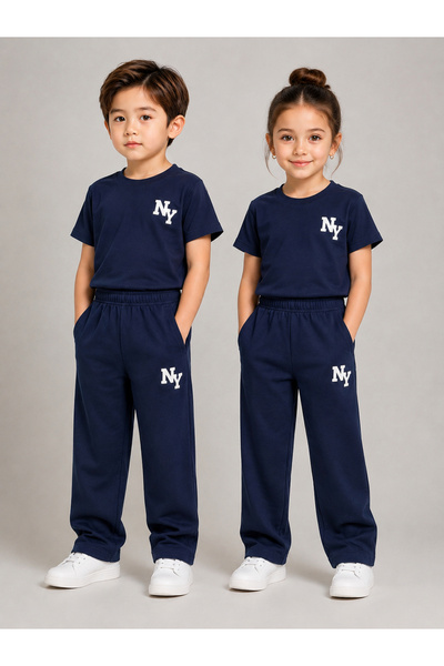 Gravt By Styli Unisex Navy NY Print Cotton T-Shirt and Jogger Set
