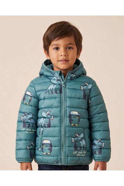 REDTAG Boys Teal Printed Puffer Hooded Jacket