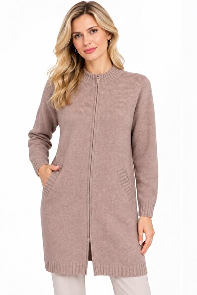 Desen Triko Women's Stand Collar Basic Zippered Long Wool Coat Y.K.Beige