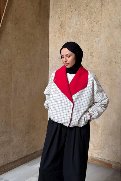 fayaboutique.com Beyaz Kareli Twin Ceket