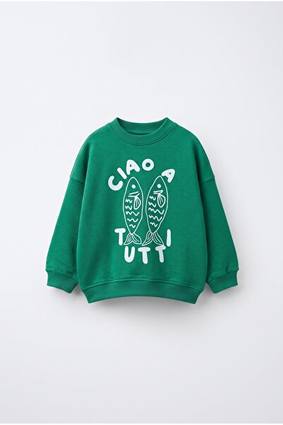 Magu Children's Cotton Fish Printed Green Sweatshirt