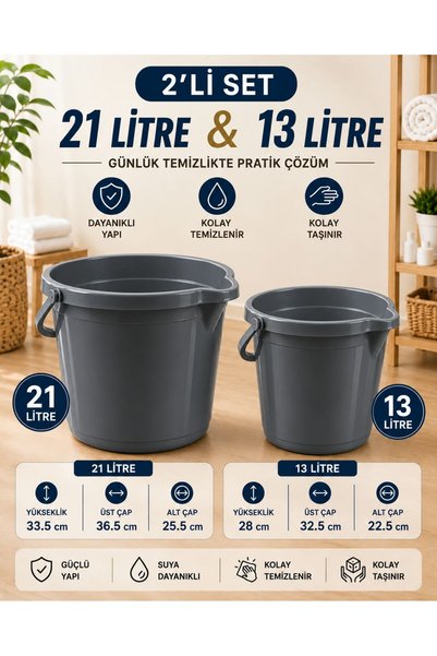 zemihra Kapaksız Çok Amaçlı Su Kovası Antrasit 21-13 Litre 2’li Set Temizlik ...