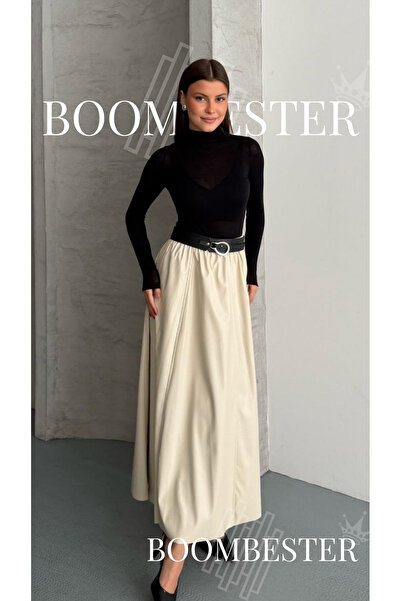 BoomBester Women's High Waist Leather Skirt with Ring Belt Detail, Maxi Lengt...