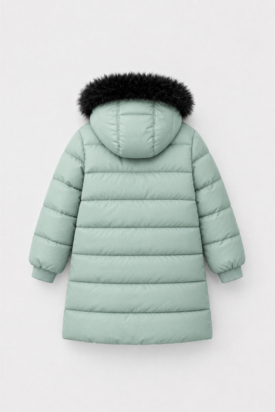 EA LİNE Girl's Fur Detailed Hooded Long Winter Puffer Coat - Çağla