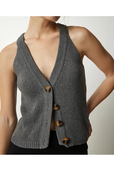 Hotfashion Women's Anthracite Halter Neck Buttoned Knitwear Vest Sweater